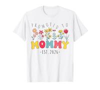 Promovido a Mommy EST 2026 Pronto to be New Mom Groovy Flowers Camiseta