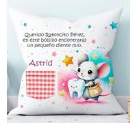 PRONENS. Funda - Cojín Infantil Ratoncito Pérez Personalizado con Nombre - Bolsillo para Guardar Diente - Almohada Suave, Segura y Decorativa para Niños - Regalo caida Dientes Ratoncito Pérez 40x40