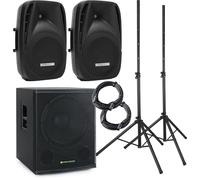 Pronomic 118S-212A Sistema PA Activo - Set PA Activo con 1 subwoofer de 18" y 2 satélites de 12" - 600 vatios de Potencia Total (RMS) - Incluye Soportes para Altavoces y Cables de 10 m