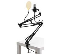 Pronomic CM-22 micrófono Condensador XLR Gran diafragma para Estudio, Incluye Protector Pop Dorado, Brazo con suspensión, maletín, Adaptador roscado y Filtro Anti-Viento, Color Negro.
