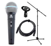 Pronomic DM-58-B Vocal Micrófono Starter Set - Micrófono Dinámico - Cable XLR de 5 m de Largo - Soporte de Micrófono con Brazo - Abrazadera - Negro