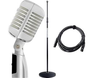 Pronomic DM-66S Micrófono Vocal dinámico Set - Vintage Micro Vocal Retro - Set económico Que Incluye pie de micrófono y Cable XLR - Plata/Blanco