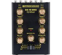 Pronomic DX-10 MKII DJ Mixer: mezclador compacto de 2 canales, 2 entradas de línea, ecualizador 2 bandas, entrada mic con control de volumen, salida master y auriculares, color negro.