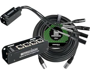 Pronomic NetCore SB-3M/SP-3F 20m Set - Sistema Multicore de Audio de 4 Canales - Stagebox con 4 Conectores XLR & RJ45 - Pigtail con 4 Enchufes XLR & RJ45 - Incluye Cable de Red CAT5e de 20 m - Negro