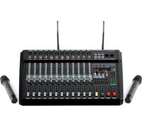 Pronomic Powermake 1200 Powermixer - Mesa de 12 canales, 2 micrófonos inalámbricos UHF, 760W RMS, procesador multi-efectos 24Bit, reproductor/grabador Bluetooth®/USB, ecualizador gráfico, negro.