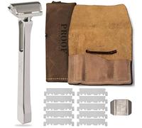 PROOF Maquinilla de afeitar de seguridad de una sola hoja, metal de aluminio mecanizado CNC, fabricado en Estados Unidos, cabezal giratorio, afeitado suave, fácil de reemplazar, incluye funda de piel