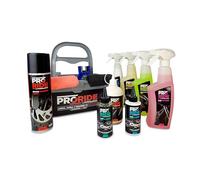 PRORIDE Kit de Limpieza de Bicicleta, Cuidado y Mantenimiento Profesional Completo - 11 Artículos - Limpiadores, Lubricantes, Líquido Antipinchazos, Bayeta, Cepillo y Cesta.