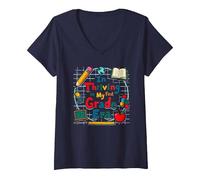 Prosperando en mi era de Primer Grado Camiseta Cuello V, Mujer, Azul Marino, M