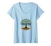 Prosperar sin Sobrevivir: Árbol de la Vida Inspirador Camiseta Cuello V, Mujer, Azul Bebé, L