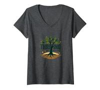 Prosperar sin Sobrevivir: Árbol de la Vida Inspirador Camiseta Cuello V, Mujer, Jaspeado Oscuro, L