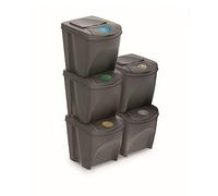 Prosperplast Set de 5 Cubos de Basura KEDEN SORTIBOX Papelera Reciclaje, Gris, Volumen 5x25L