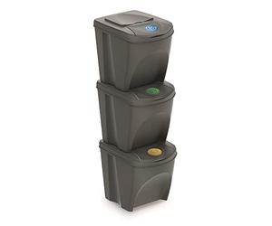 Prosperplast ZA906 - Juego de 3 Cubos de Reciclaje, Plástico, 3 x 25 litros, Color Gris