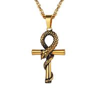 PROSTEEL Collar de Cruz Ankh con Serpiente Estilo Retro, Colgante de Cruz Egipcia Anj con Cadena 60cm Ajustable (Dorado)
