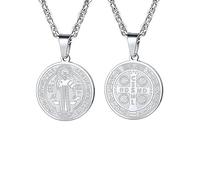 PROSTEEL Medalla San Benito Nursia Cruz Abad Color Plata Proteecion Colgante Cruz Benito Exorcista Católica con Collar 55cm Largo Acero Quirurgico