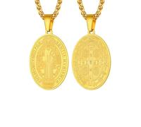 PROSTEEL San Benito de Nursia Cruz Oro Medalla Colgante Ovalado Simbolo Cristiano Amuleto Fe, Cadena Dorada 55cm Largo Ajustable