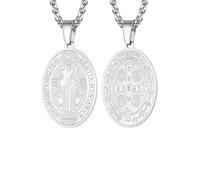 PROSTEEL San Benito Nursia Cruz Medalla Abad Ovalada Color Plata Proteecion Colgante Cruz Benito Exorcista Católica con Collar 55cm Largo Acero Quirurgico