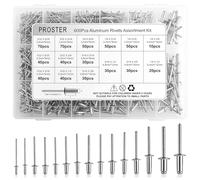 Proster Kit de remaches ciegos 600 unidades, surtido de remaches de aluminio de 15 tamaños para chapa, industria, plástico con caja de almacenamiento, color plateado