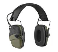 Protección auditiva con amplificación de sonido, orejeras ajustables, micrófonos duales, diseño plegable y perfil bajo para caza y tiro, duradera.