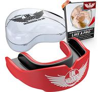 Protector bucal de goma para deportes de contacto, karate, rugby, artes marciales mixtas, boxeo, hockey, fútbol - Funda de transporte - color Red & Black, tamaño Adult (7> Years Old)