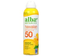 Protector solar en aerosol Alba Botanica para rostro y cuerpo, FPS 50 de amplio espectro, con sabor a coco hawaiano, resistente al agua y biodegr