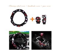 Protector Volante 3 Piezas de Tela de Cuadros con diseño de Flores y telaraña para Volante de Coche, Funda para Freno de Mano y manija Funda para Volante(Red White Flower)