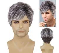 Prótesis Capilar Hombres Peluca de fiesta de Cosplay resistente al calor Natural, peluca sintética for hombre, peluca corta y rizada de pelo gris mezclado negro for regalo de padre masculino Peluca Ho