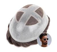 Prótesis de cabello humano transpirable de encaje francés con poliuretano perimeto para hombre, sistema de cabello humano, 0,06-0,08 mm, sistemas de prótesis capilares para hombre