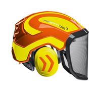 Protos Casco de seguridad integral forest protección auditiva, equipamiento: visera fina, color: naranja/amarillo