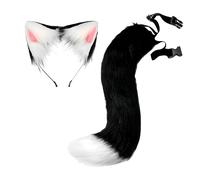 Proumhang Cola y Orejas Set,Larga Cola de Zorro Cosplay Faux Fur Furry,Halloween Fox Cat Wolf Tail Kit con Orejas,Cola Peluda Ajustable para Niños y Adultos Blanco Negro