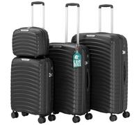 PROVITERA Juego de 4 maletas rígidas con neceser de polipropileno ultrarresistente a los golpes, trolley con mango telescópico y ruedas Easy Roll, cerradura de código reforzado y diseño moderno, Negro