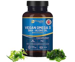 Prowise Vegan Omega-3 DHA de aceite de algas | 60 cápsulas blandas con vitamina E | 400 mg de DHA + 10 mg de vitamina E | 100% a base de plantas | Fuente pura y sostenible