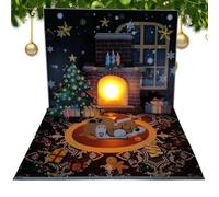 Proyección de luz 3D para marco de chimenea - Decoración pop-up musical navideña Tarjetas de temporada con gatos mayores y perros, arte emergente 3D con proyección musical | Decoraciones para eventos
