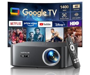 Proyector 4K【1400 ANSI/Google TV/Netflix Ready】 WiMiUS Proyector Full HD 1080P Nativo, Auto Focus/Keystone, WiFi 6&Bluetooth 5.2, Control de Voz Projector en Casa/Exterior (Negro)