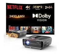 Proyector de luz diurna Ultra HD 4K [Netflix oficial y tapa de lente automática], HDR10+ 2400 ANSI, proyector de cine en casa diurno AI-ToF, enfoque automático Dolby 2 × 30 W, graves profundos