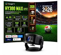 Proyector HY300 MAX GTV | Google TV Integrado | 200 ANSI Lúmenes | Resolución Nativa 720P | Soporta 2K | WiFi 6 y Bluetooth 5.2 | Auto Enfoque | Corrección Keystone | Proyección Corta 0.8:1 | Pantalla
