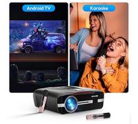 Proyector inteligente de luz diurna de 1800 lúmenes ANSI con WIFI6 Android TV y enfoque automático, compatible con 4K, proyector de cine en casa, para interiores y exteriores, karaoke, Bluetooth 5.2