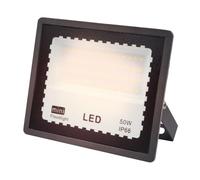Proyector LED 50W, 4000K, 5000lm, dimensiones 13,2x16,2x2,3 cm, IP65, ideal para iluminación exterior y seguridad.