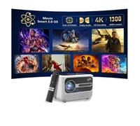 Proyector portátil inteligente 4K para el hogar, proyector de películas de 1300 lúmenes ANSI con enfoque automático, WiFi Bluetooth, 3 modos de brillo, Dolby Audio, Movin Os 2.0-64GB, aplicaciones