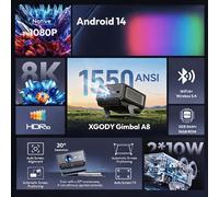 [Proyector ] XGODY A8 1550ANSI Proyector Inteligente con Wifi6 y BT 5.4, Soporte Local 1080P 8K, 14, y Corrección Automática de Keystone, 40'-180', Compatible con Teléfono/Laptop/Regalo