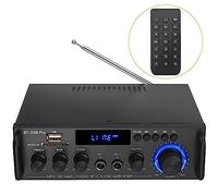 PROZOR Amplificador Potencia Audio Estéreo Bluetooth 5.0 HiFi 50Wx2 USB | Sonido 2.0 para altavoces 4-16Ω, 2 entradas micrófono con eco para karaoke, RCA tarjeta SD y FM, graves agudos y mando