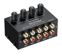 PROZOR Mezclador de Audio Estéreo Pasivo Mini 4 Canales RCA - Mezclador Compacto sin Fuente para DJ y Home Studio, Control de Volumen Independiente, Conexión Dorada, Diseño Portátil y Metal Duradero
