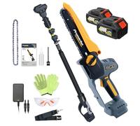 Prunarbo Sierra de pértiga inalámbrica 2 en 1 y motosierra mini sin escobillas de 18 V con 2 baterías de 4.0 Ah, engrasador automático, cabeza ajustable 180° y alcance extensible de 2.5 m de largo