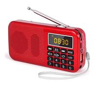 PRUNUS J-725 FM Radio Portatil Pequeña, Reloj Digital con Reloj Despertador | Radio Bateria Recargable de 3000mAh, Reproductor de AUX/USB/SD con Altavoz de 3W, y Linterna LED(Rojo)