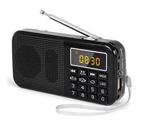 PRUNUS J-725 FM Radio Portatil Pequeña, Reloj Digital Despertador, Bateria Recargable de 3000mAh, Reproductor de AUX/USB/SD con Altavoz de 3W, y Linterna LED(Negra)
