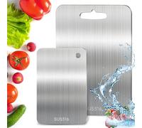 PRZRAO 2 Piezas Tabla de Cortar de Acero Inoxidable 316, Grado Alimenticio de Doble Cara Tabla Cortar Titanio para Cocina, Titanium Cutting Board para Carne, Pan, Verduras, Frutas(34x23 cm + 25x15 cm)