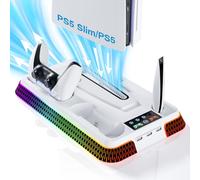PS5 - Estación de enfriamiento delgada, PS5 Stand RGB y Turbo Ventilador con estación de carga dual para PlayStation 5, kits de accesorios PS5, soporte vertical con ventilador de refrigeración de 3