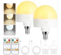 Psatfito Bombillas recargables con cronómetro y control remoto, bombillas de fotobatería ajustables, bombillas LED de carga E14, lámparas de cableado no duro con 3 temperaturas de color, 2 paquetes