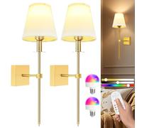 Psatfito G Lamparas Pared sin Cable, Regulable, con 5000mAh Bombilla Recargable y Mando a Distancia, 400 LM Aplique Bateria para Sala de Estar Dormitorio Pasillo, 2 Pack, Dorado