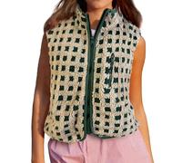 Psdndeww Chaleco a cuadros para mujer, sin mangas, cuello de invierno, chaleco con cremallera y bolsillo en pecho, chaleco para mujer, chaleco de invierno con cremallera para mujer