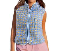 Psdndeww Chaleco a cuadros para mujer, sin mangas, cuello de invierno, chaleco con cremallera y bolsillo en pecho, chaleco para mujer, chaleco de invierno con cremallera para mujer